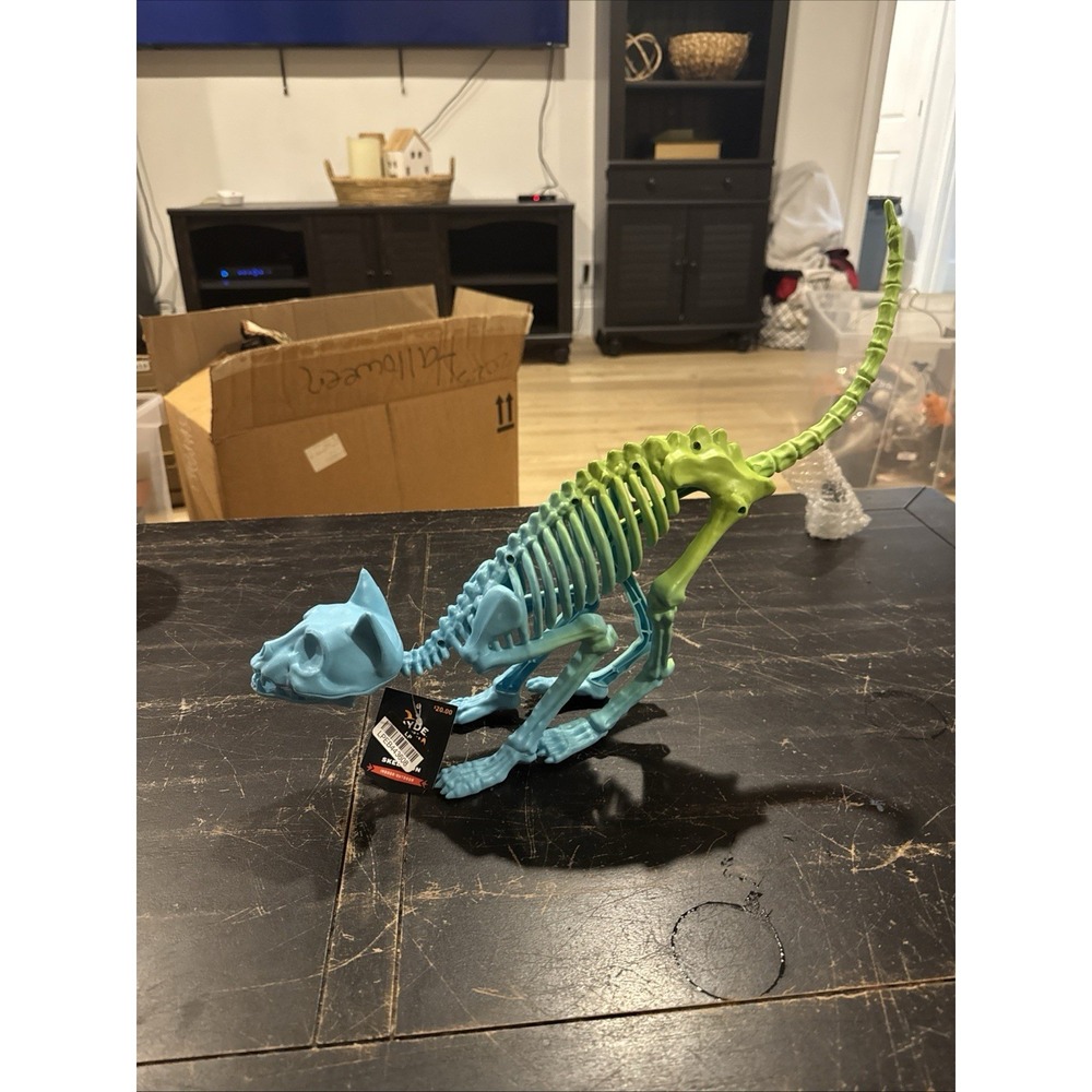Hyde & EEK! Blue Green Cat Skeleton Plastic Halloween Prop Kitty Rainbow Animal